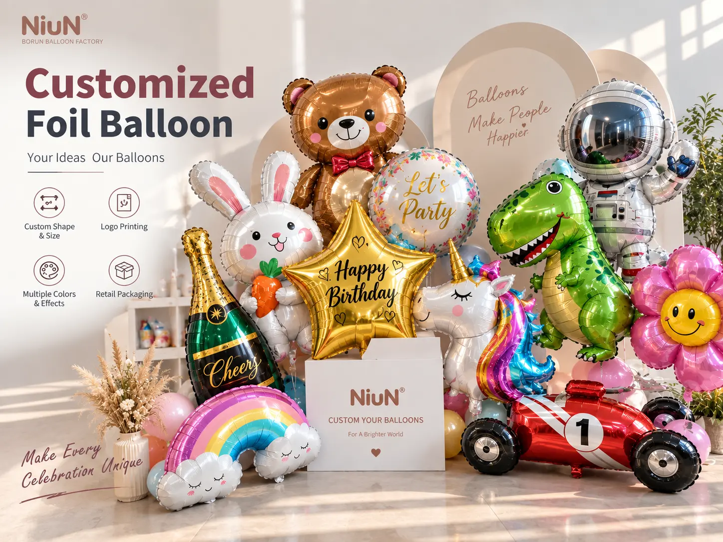 Custom foil balloon shape concepts and prototype samples at Borun Balloon Factory